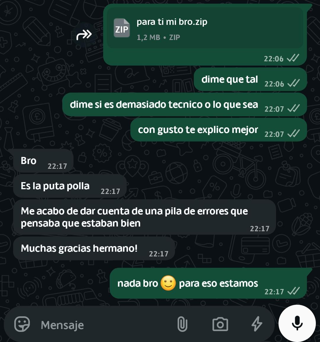 WhatsApp conversation: Jacobo shares a zip of resources; the colleague replies he found several errors he thought were correct, and thanks him.
