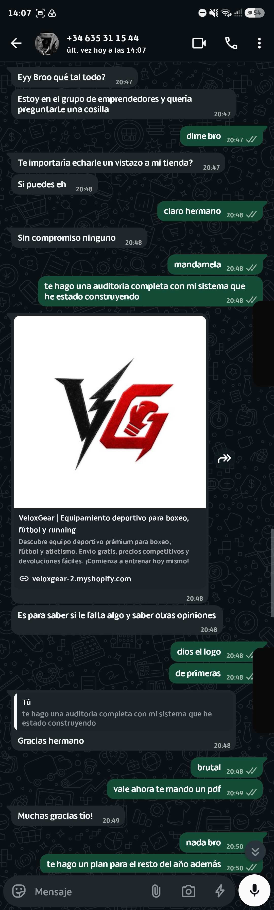 WhatsApp conversation: an entrepreneur asks Jacobo to review his VeloxGear store; Jacobo offers a full audit with his system and a year plan.