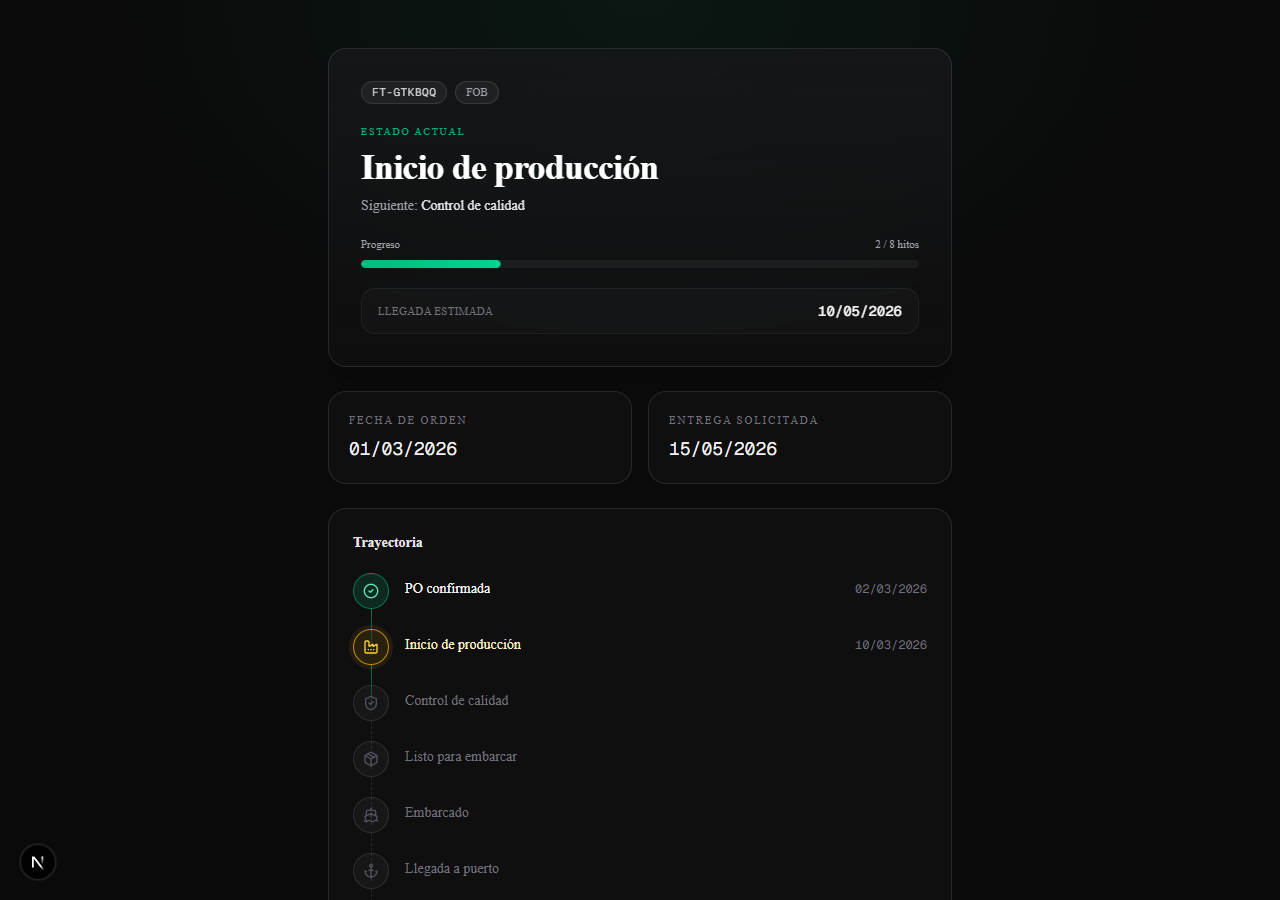 FlashTrack public tracking page: a dark, elegant timeline showing an order at 'Inicio de producción', 2 of 8 steps complete, with an estimated arrival date.